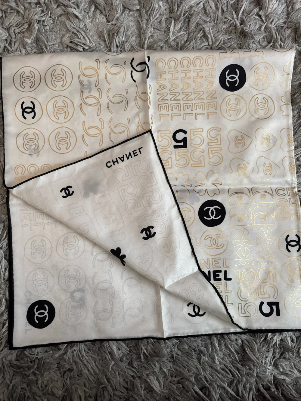 CHANEL Ivory Silk Logo & Motif Scarf with Black Accents
